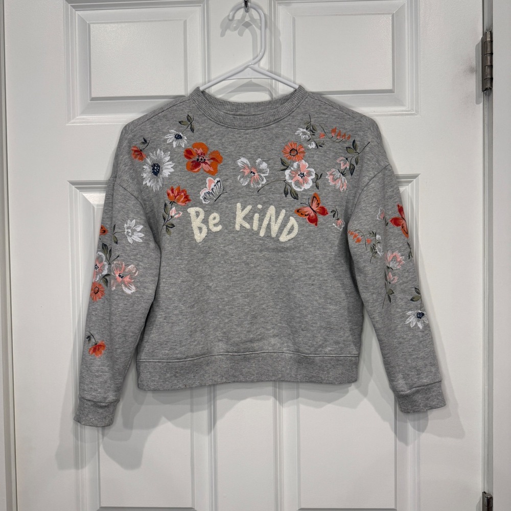 Wonder Nation Girls Be Kind Floral Embroidered Sweatshirt Gray Size M 7/8